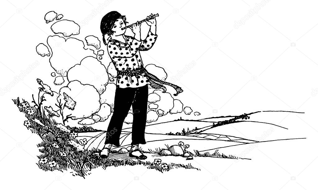 The picture depicts a boy playing a flute, a musical instrument that produces music, outside near the fields, vintage line drawing or engraving illustration.
