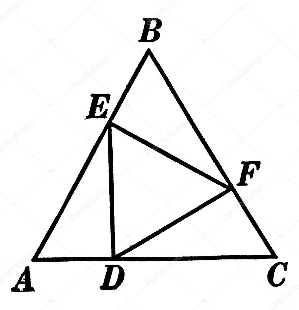 An illustration that is used to prove that triangle EFD is equilateral given that triangle ABC is equilateral and AE=BF=CD, vintage line drawing or engraving illustration.