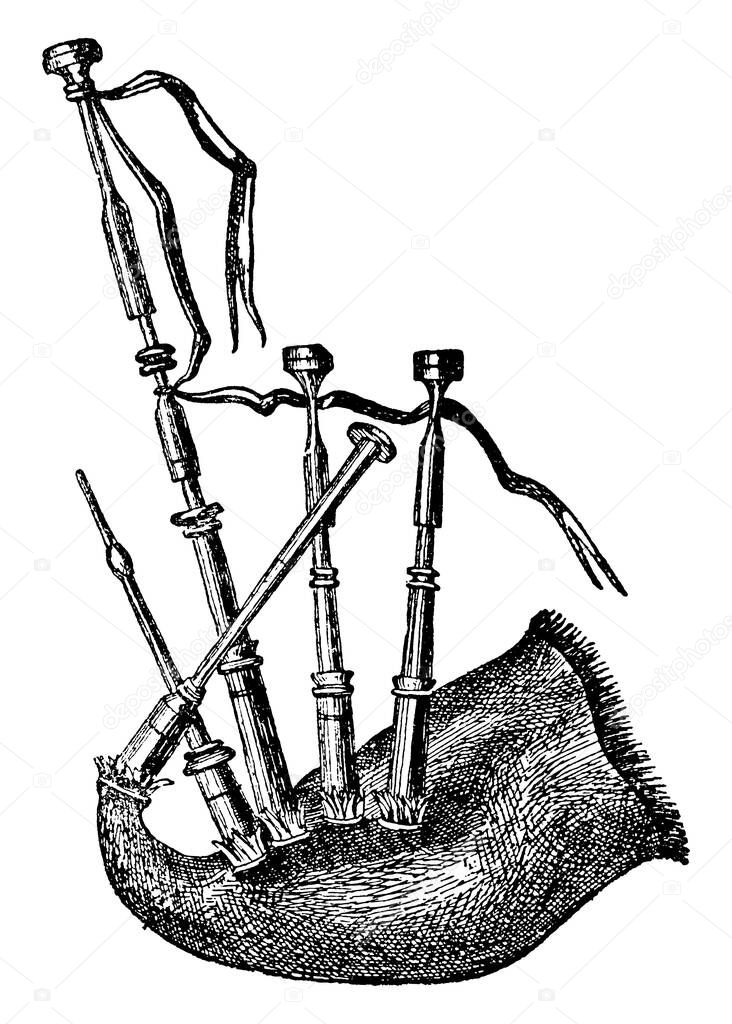 The bagpipe is a wind instrument using enclosed reeds fed from a constant reservoir of air in the form of a bag, mostly used among the ancient Greeks, vintage line drawing or engraving illustration.