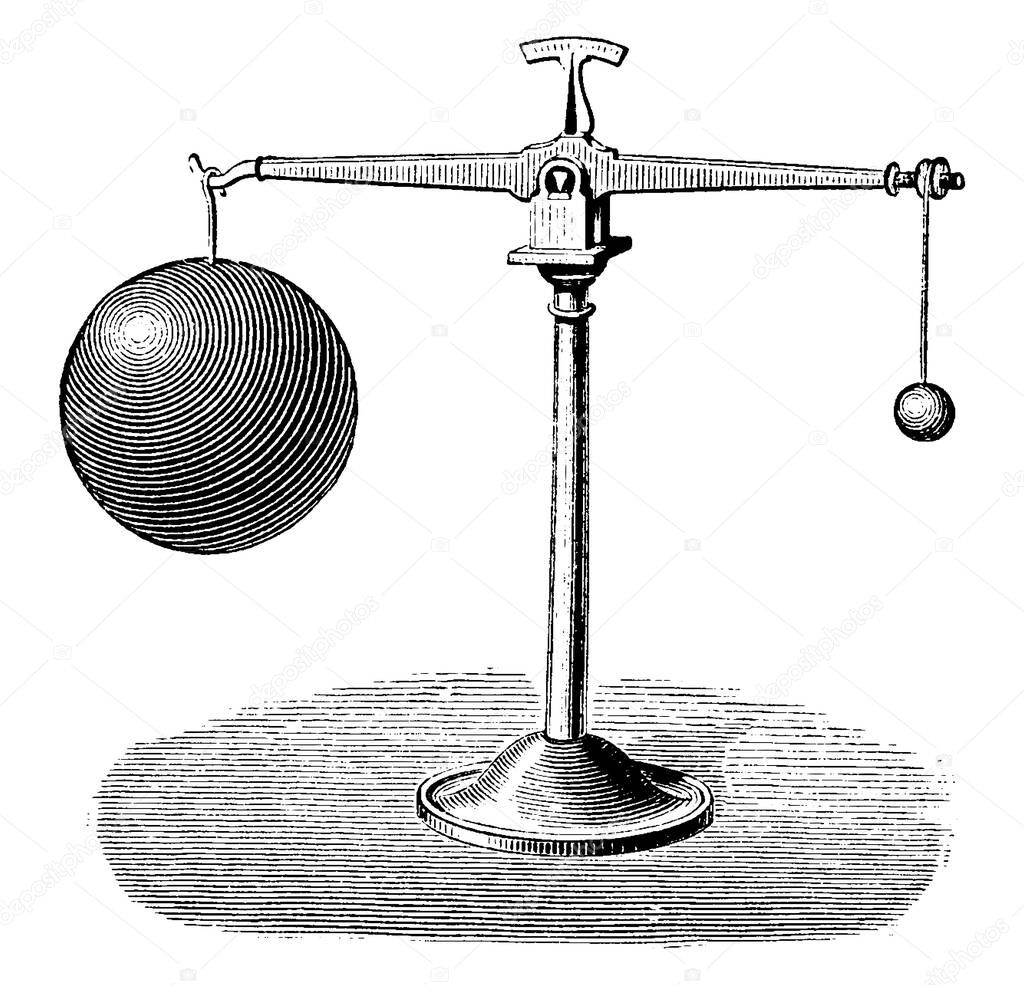 An apparatus just like scale for showing that the loss of weight of an object in air equals the weight of the air displaced by it, often called Baroscope, vintage line drawing or engraving illustration.