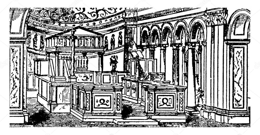 Interior of St Clemente,  Roman Architecture, Encyclopedia Britannica, vintage line drawing or engraving illustration.