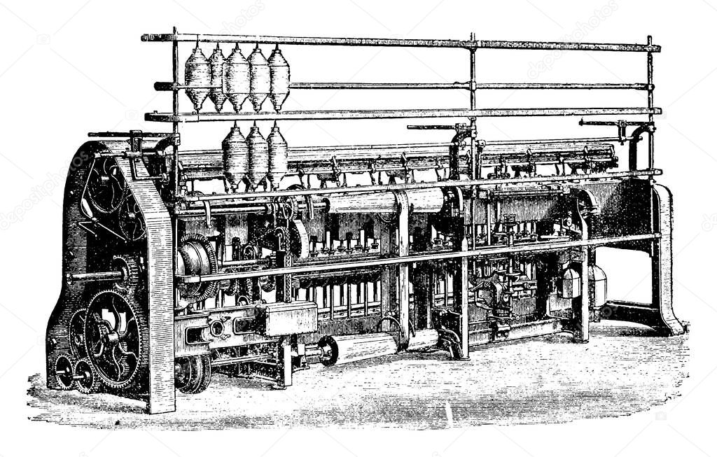 This illustration represents Roving Frame which is the last required before the operations of spinning, vintage line drawing or engraving illustration.