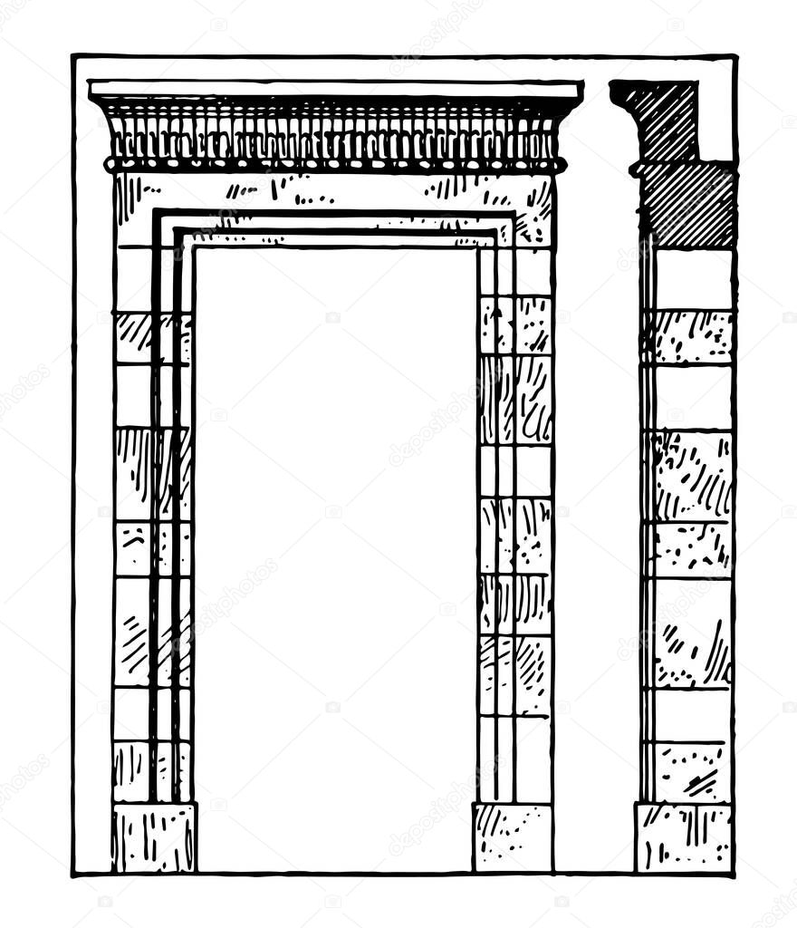Persian Architecture are Doorway at Persepolis, vintage line drawing or engraving illustration.