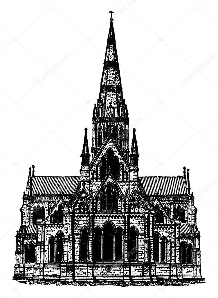 Gothic Architecture - Salisbury Cathedral, architecture building, superb example of the style,  relatively short period, vintage line drawing or engraving illustration.