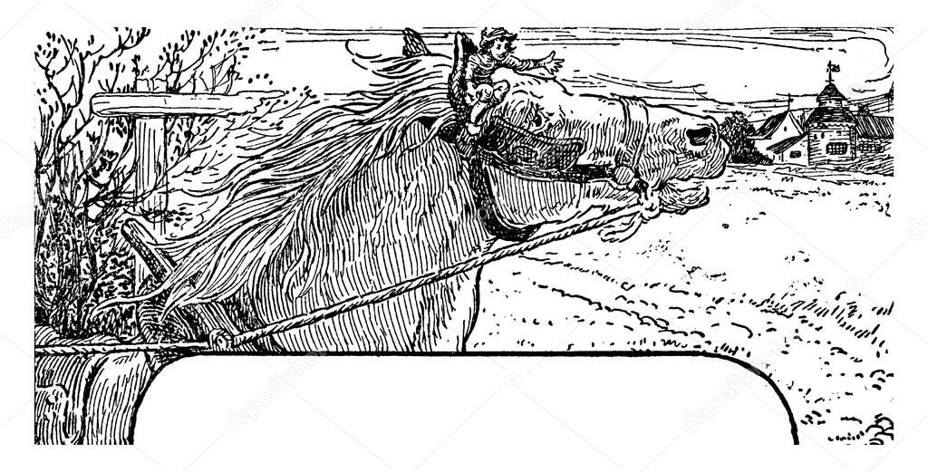 A little man sitting on head of horse, vintage line drawing or engraving illustration
