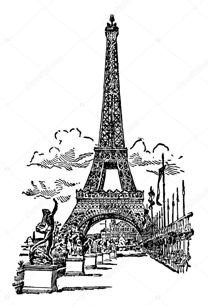 Eiffel Tower is a notable structure in Paris, France, most recognizable structures in the world, most-visited paid monument, vintage line drawing or engraving illustration.