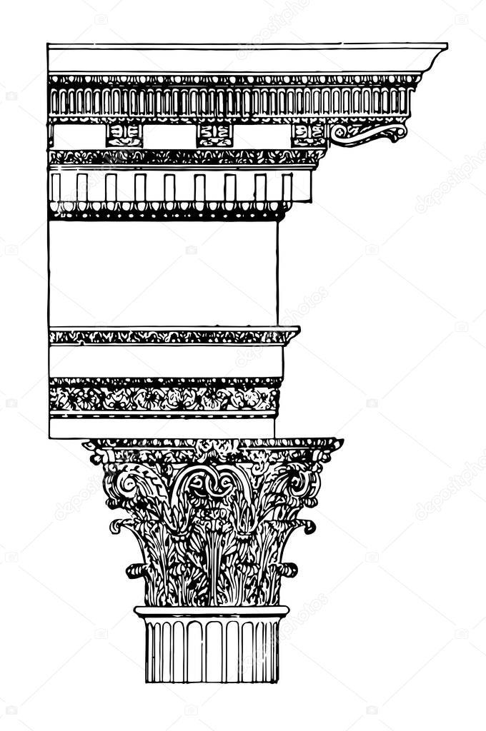 Corinthian Order, Temple of Castor and Pollux,  an ancient temple in the Roman Forum,  for victory at the Battle of Lake Regillus, vintage line drawing or engraving illustration.