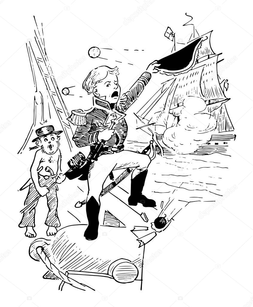Jenny Lee, it has two boys standing on sailing ship, one of them raising his hat behind him one more boy standing with hat on his head, another sailing sheep throwing balls on them, vintage line drawing or engraving illustration
