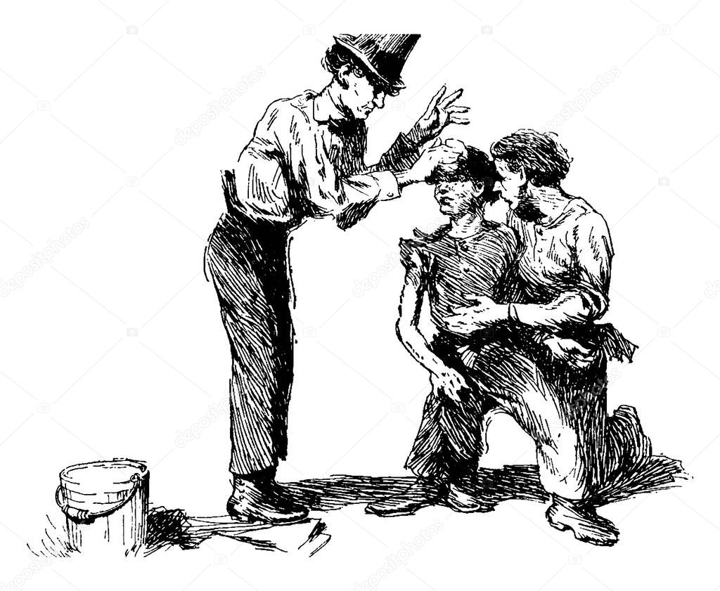A man with hat on head doing something on head of boy, another man holding boy, bucket on ground, vintage line drawing or engraving illustration