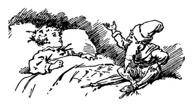 OLE Luk-OIE, bu sahneyi uyuyan yatak, yatak, vintage çizgi çizme onun yanında oturan veya illüstrasyon oyma ufaklık çocuğa söz uzun sakallı bir adam gösterir