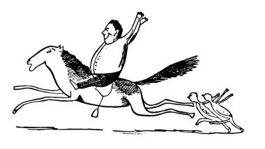 Edward Lear'ın tekerlemeler, bu sahneyi at son sürat, onu, vintage çizgi çizme veya oyma illüstrasyon arkasındaki iki insanlar üzerine bir kişini gösterir.