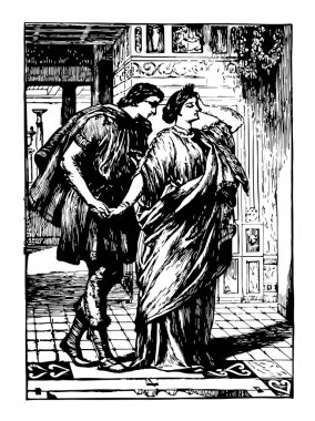 Lysander ve Hermia, bu sahne arkasındaki kadın ayakta ve elini tutarak, söz bir şey vintage çizgi çizme veya illüstrasyon oyma bir adam gösterir