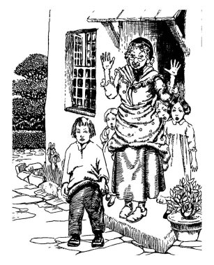 Kapı ve onları, vintage çizgi çizme uzak yürüme veya illüstrasyon oyma bir çocuk ayakta çocuklu yaşlı bir kadın