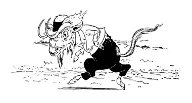 GNU, bu resmi bir hayvan giyinmiş ve yürüyüş, vintage çizgi çizme veya oyma illüstrasyon gösterir