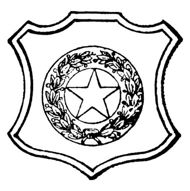 Teksas Eyaleti 1890 mühür, kalkan şekli mühürü beş puan yıldızın ortasında vardır, bir yıldız ağacı, vintage çizgi çizme veya oyma illüstrasyon dalları tarafından çevrili 