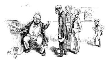 Nibblekin'ın yuvası, bu sahneyi sandalyede oturan ve bir şey için üç adam onun yanında, onların arkasında duran ve gülüyor, pencere, vintage çizgi çizme veya oyma illüstrasyon arayan iki kişi bir adam ayakta söylüyor bir adam gösterir.