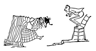 Edward Lear 'ın Kafiyeleri, bu sahnede bir kadın ağaca tırmanıp denize, denize, gemilere ve balıklara, klasik çizimler ya da resimlere bakıyor.