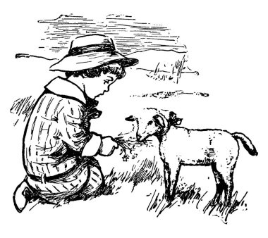 Çocuk ve koyun, koyun, vintage çizgi çizme veya oyma illüstrasyon için besleme bir çocuk bu sahne gösterir