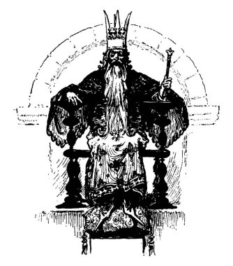 Kralın taç taht üzerinde oturan ve personel elinde tutarak başını, vintage çizgi çizme veya oyma illüstrasyon ile