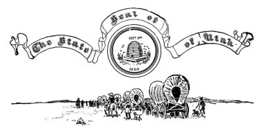 Utah Amerika Birleşik Devletleri mühür, bu mühür at binici, erkekler ve birçok bullock arabaları kapaklı, kovan arı ile Merkezi, arı kovanı, vintage çizgi çizme veya oyma illüstrasyon yazılı 9 Eylül 