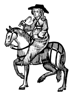 Banyo karısı bu resim üzerinde at binme ve bir şey elinde tutan banyo, vintage çizgi çizme veya oyma illüstrasyon karısı gösteriyor.