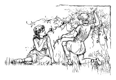 Çocuk cenneti bu sahneyi meyve ağacı, vintage çizgi çizme veya oyma illüstrasyon ağacın yanında oturan iki çocuk gösterir.