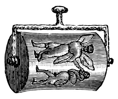 Bu resimde bir deliğe Merkezi, vintage çizgi çizme veya oyma illüstrasyon taş nesnesiyle şeklinde küçük bir varil Silindir mühür temsil eder..