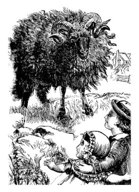 Baa, Baa, kara koyun, bu sahne gösterileri siyah koyun ve koyun önünde duran ve koyun, vintage çizgi çizme veya oyma illüstrasyon bakıyor iki çocuk