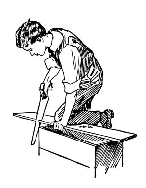 Bu resimde kim yapar ve ahşap nesneleri ve yapıları, vintage çizgi çizme veya oyma illüstrasyon onarır marangoz temsil eder..