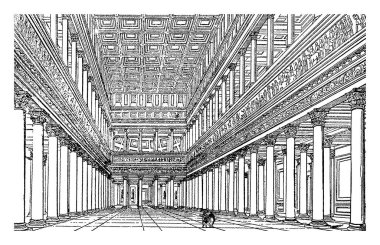 Trajan 'ın Bazilikası, bir iç görünüş, Roma mimarisi, klasik çizgi çizimi veya oyma çizimi.