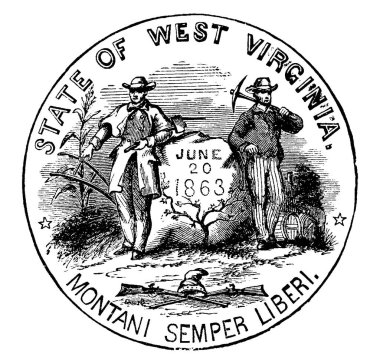 The official seal of the U.S. state of West Virginia in 1889, this seal has guns, cornstalk, two men standing on either side of rock, one man holding axe & plow, other holding pickaxe, vintage line drawing or engraving illustration  clipart