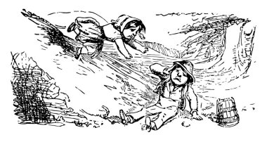 Jack ve Jill, küçük çocuk bu sahne gösterir ve küçük kız tepeye gitti, küçük çocuk düştü ve kova elinden düştü, sonra vintage çizgi çizme yuvarlanan veya illüstrasyon oyma küçük kız düştü