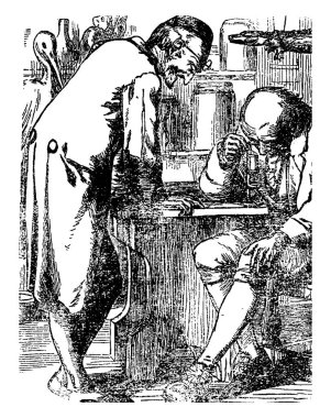 Damla su, iki doktor bir şey, bir doktor sandalyede oturan ve mikroskop, başka bir ayakta izlerken, vintage çizgi çizme veya oyma illüstrasyon yoluyla araştırma ve araştırma gibi görünüyor