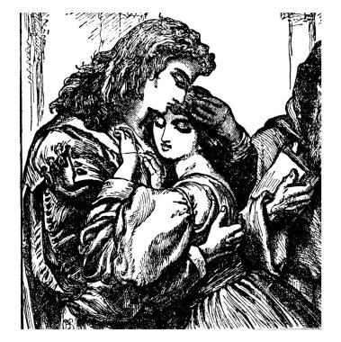 Bir genç çocuk ve Genç kız her, vintage çizgi çizme veya oyma illüstrasyon sarıldı