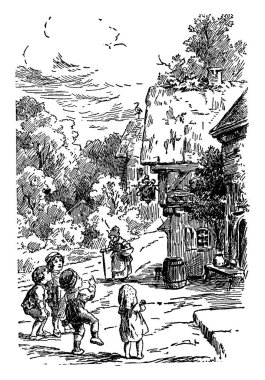 Leylek çocuklarla, bu sahneyi oynama ve kuşlar üstünde tepe-in ev ve çocuk, vintage çizgi çizme veya oyma illüstrasyon doğru gelen yaşlı bir bayan arıyorum çocuk gösterir.