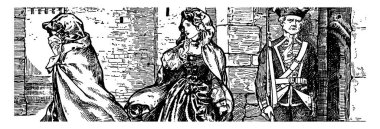 Ağlayan bir kadın ve çekip onu, onlara yakın duran asker bakarak başka bir kadın vintage satır çizim veya illüstrasyon oyma