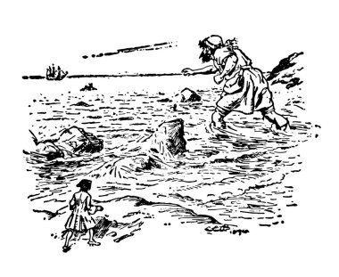 Dev denize girerek, bu sahneyi denizde kayalar denizin kıyısında ayakta küçük adam yürüyen bir dev adam gösterir, arka plan, vintage çizgi çizme veya oyma illüstrasyon gemi