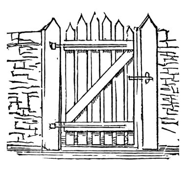 Kapı, grame, kereste, geçit, yett, bağlantı noktası, vintage çizgi çizme veya oyma illüstrasyon