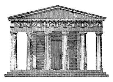 Dorik Tapınak, açık yükselmesi, bir Yunan Dor Hexastyle Chersiphron Tapınağı, klasik Yunan mimarisi, vintage çizgi çizme veya oyma illüstrasyon.