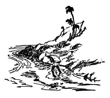 Karayolu ile yapılan posta, bu sahne su ve hill, vintage çizgi çizme veya oyma illüstrasyon... bir adam gösterir.