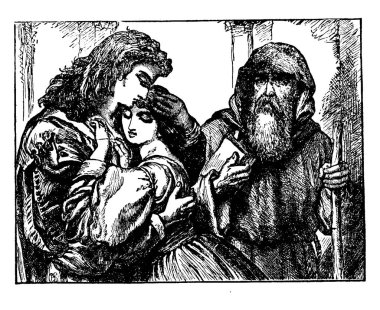 Bir genç çocuk ve Genç kız birbirlerine ve kitap ve onlara yakın duran sopa ile yaşlı adam sarıldı, vintage hat çizim veya gravür illüstrasyon