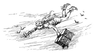 Çocuk cenneti bu sahneyi havaya uçuran bir adam gösterir, o sol ve sağ elinde iki yılan arka plan, vintage çizgi çizme veya illüstrasyon oyma uçan kuşlar kutu vardır