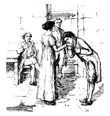 Escape dan cezaevi, bu sahneyi eğdi bir adam ve onun sandalye ve yasaktır ve arkasında, vintage çizgi çizme duran adam oturuyor veya illüstrasyon oyma bir adam önünde kadın ayakta el öpmeye gösterir