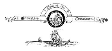 Georgia, sömürge mühür altına, bir gemi ile iki erkek ve bir kadın kuru toprak ve bir ağacın arkasında onları, vintage çizim oturma veya illüstrasyon oyma Bu mührü vardır