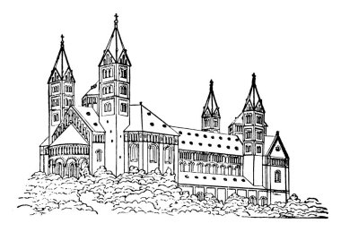 Romanesk kilise, büyük bir kilise çizim satırı bu kadar İmparatorluk Katedrali bazilika için varsayım, orijinal kaynak, vintage çizgi çizme veya oyma resimde benzer.