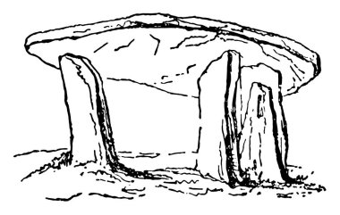 Dolmen genellikle bir büyük düz taştan oluşan, genellikle toprak veya daha küçük taşlar ve açık kanıtlar, vintage çizgi çizme veya oyma illüstrasyon yokluğu ile kaplı.