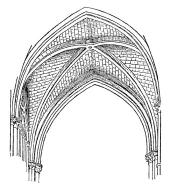 Quadripartite Vault divided into four parts, transverse ribs into four cells, webs, vintage line drawing or engraving illustration. clipart