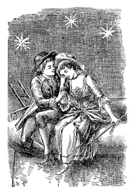 Bir genç çocuk ve Genç kız yakın oturan, ağladığını ve elini göz devam etti, elini tutan çocuk yıldız arka plan, vintage çizgi çizme veya oyma illüstrasyon