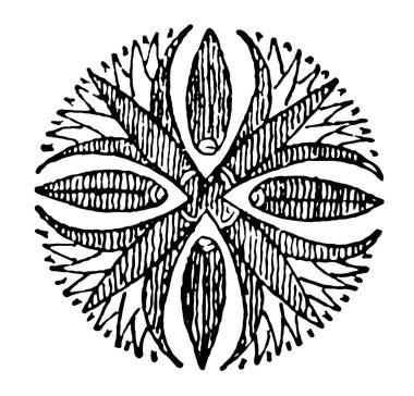 Lotus çiçeği rozet süsleme stilize dört, vintage çizgi çizme veya oyma illüstrasyon inşa edilmiştir vardır.