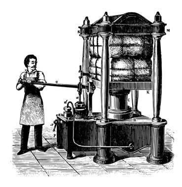 Bu resimde perspektif, Hidrolik Pres, vintage çizgi çizme veya oyma illüstrasyon temsil eder..